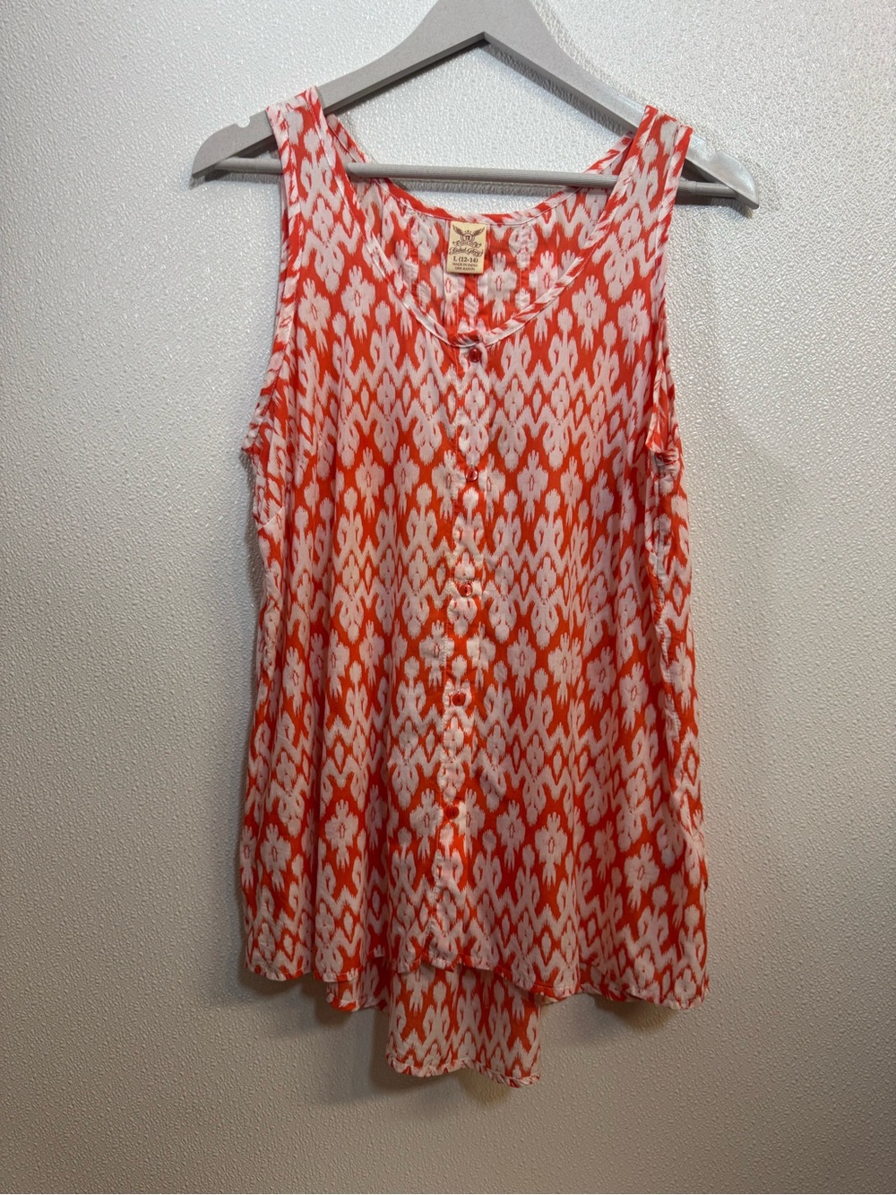 Faded Glory Sleeveless Orange Ikat-Print Button Front Women's Top Sz L (E-44)